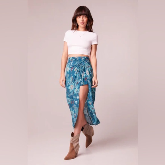 NWT Band Of The Free CELENE TEAL FLORAL LAYERED MIDI SKIRT Bohemian High Low - Picture 1 of 5